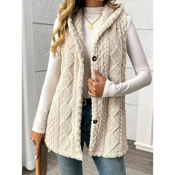 NWT Womens Hooded Plush Vest With Buttons Sleeveless  Outerwear S-XXL Sizes Avai - Picture 1 of 4